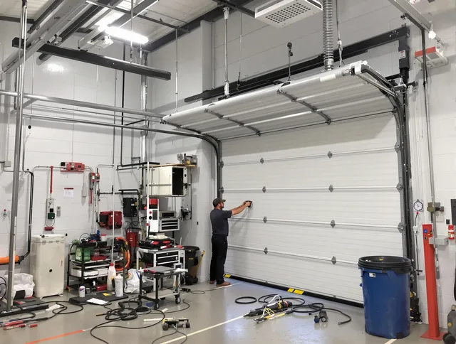 Burrillville Garage Door Repair certified technician performing commercial door repair at a Burrillville business facility