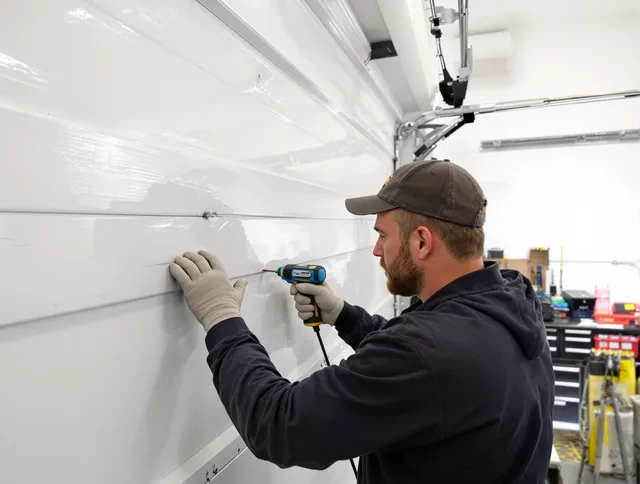 Burrillville Garage Door Repair technician demonstrating precision dent removal techniques on a Burrillville garage door