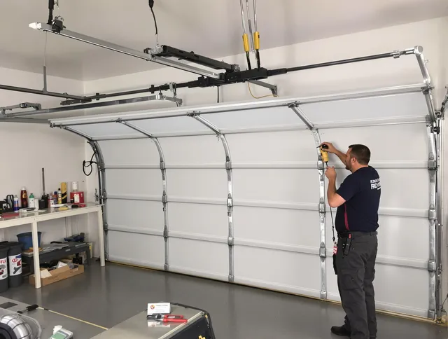Burrillville Garage Door Repair certified technician performing overhead door system repair in Burrillville