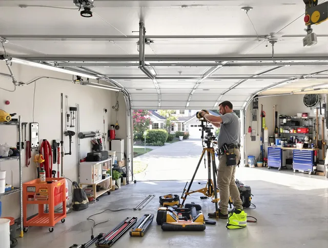 Burrillville Garage Door Repair specialist performing laser-guided track alignment in Burrillville